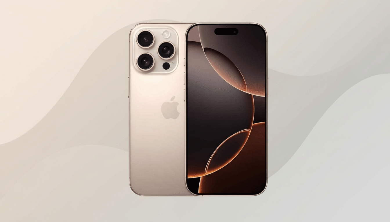 alt text: A gold iPhone 1 4 Pro Max in a 16: 9 aspect ratio, with a soft gradient and subtle wave