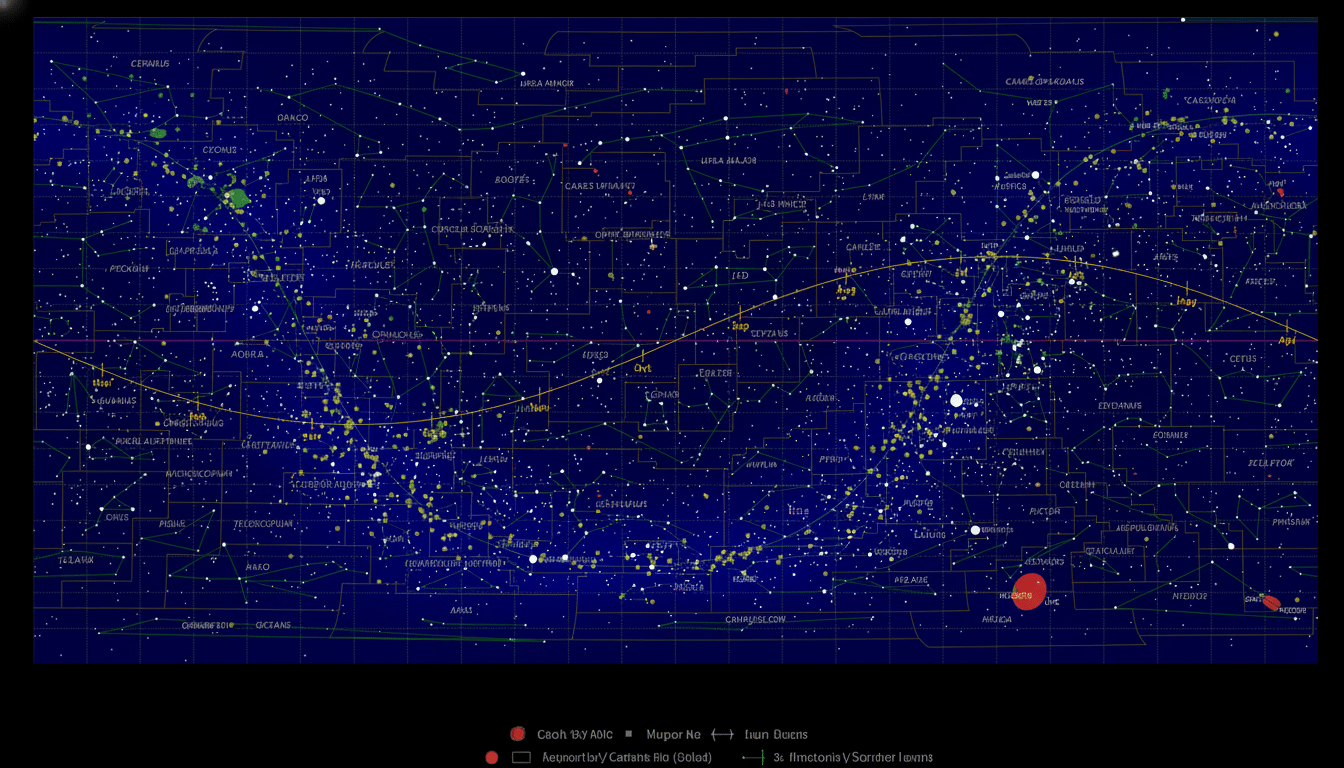 A star map showing constellations, stars , and celestial paths with various labels on a dark blue background .