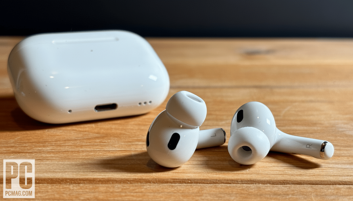 White Apple AirPods Pro earbuds and their charging case resting on a wooden surface.
