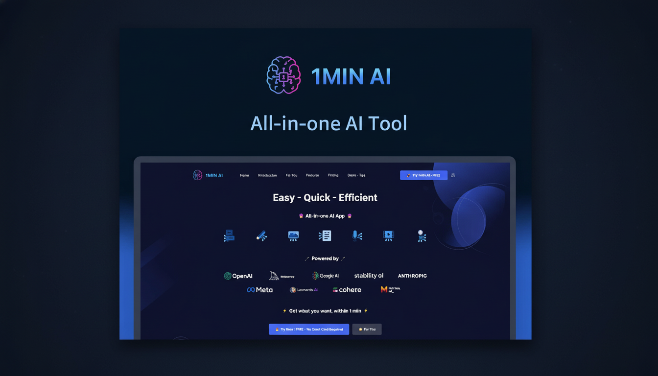 A 16:9 aspect ratio image of a laptop screen displaying the  1MIN AI All -in-one AI Tool interface . The screen shows features like Easy - Quick - Efficient  and  Powered by various AI companies such as OpenAI, Google AI, and Meta. The background is a dark professional flat design with subtle gradients. Filename : 1min aiall inone toolresized .png