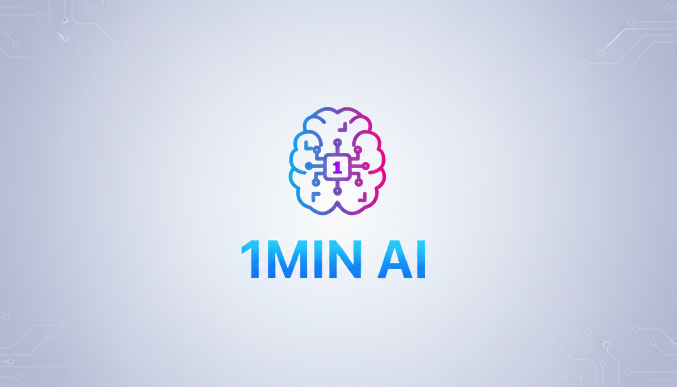 A professional 16:9 aspect ratio image featuring the 1MIN AI logo. The logo consists of a stylized brain outline in a blue-to-pink gradient, with a circuit board design inside and the number 1 at its center. Below the brain, the text 1MIN AI is written in a blue gradient. The background is a soft, light gray-blue gradient with subtle, faint circuit board patterns in the corners, providing a clean and professional presentation.