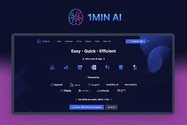 A professional screenshot of the 1 MIN AI website, showcasing its Easy - Quick - Efficient all- in-one AI app powered by various AI companies . The image is set against a subtle gradient background.