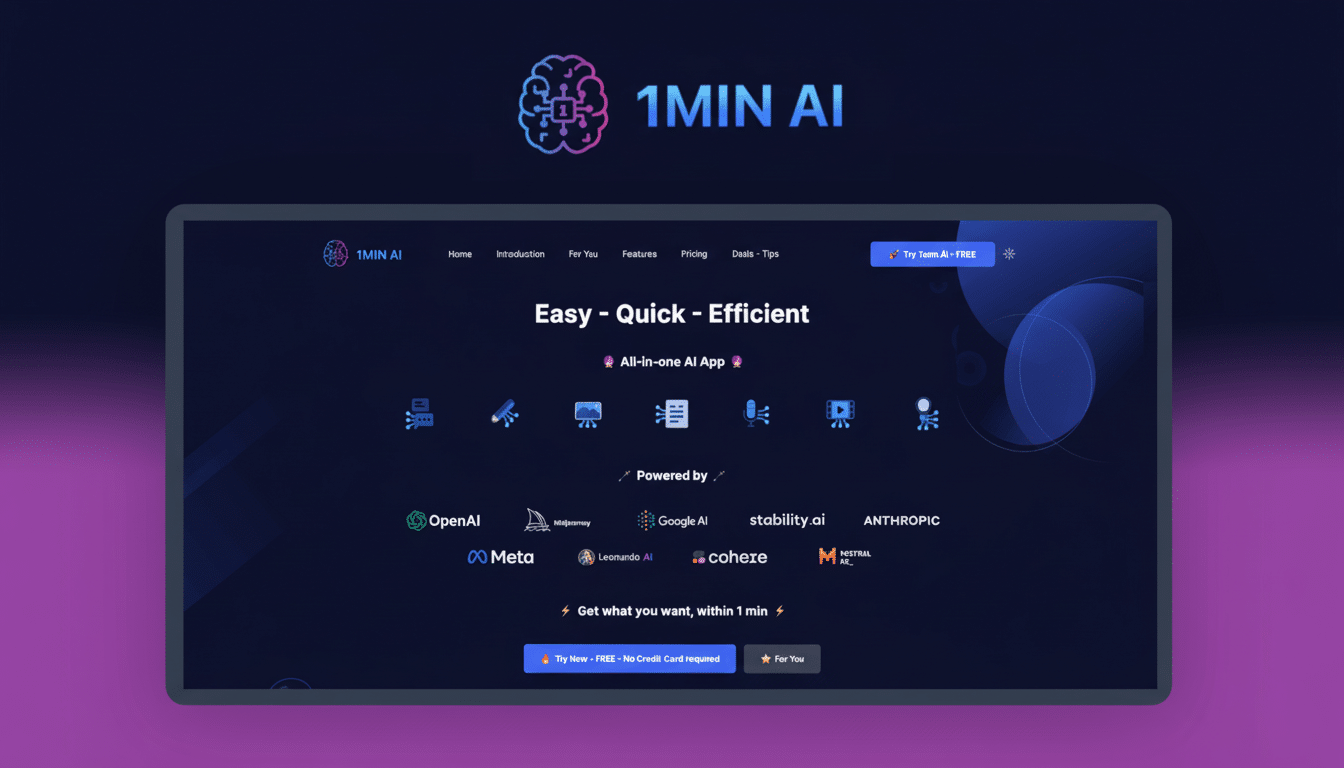 A professional screenshot of the 1 MIN AI website, showcasing its Easy - Quick - Efficient all- in-one AI app powered by various AI companies . The image is set against a subtle gradient background.