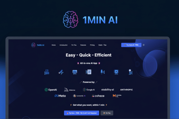 A professional screenshot of the 1 MIN AI website, showcasing its Easy - Quick - Efficient all- in-one AI app powered by various AI companies , presented on a dark background .