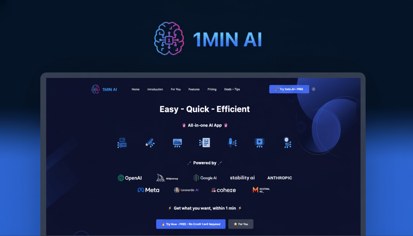 A professional screenshot of the 1 MIN AI website, showcasing its Easy - Quick - Efficient all- in-one AI app powered by various AI companies , presented on a dark background .