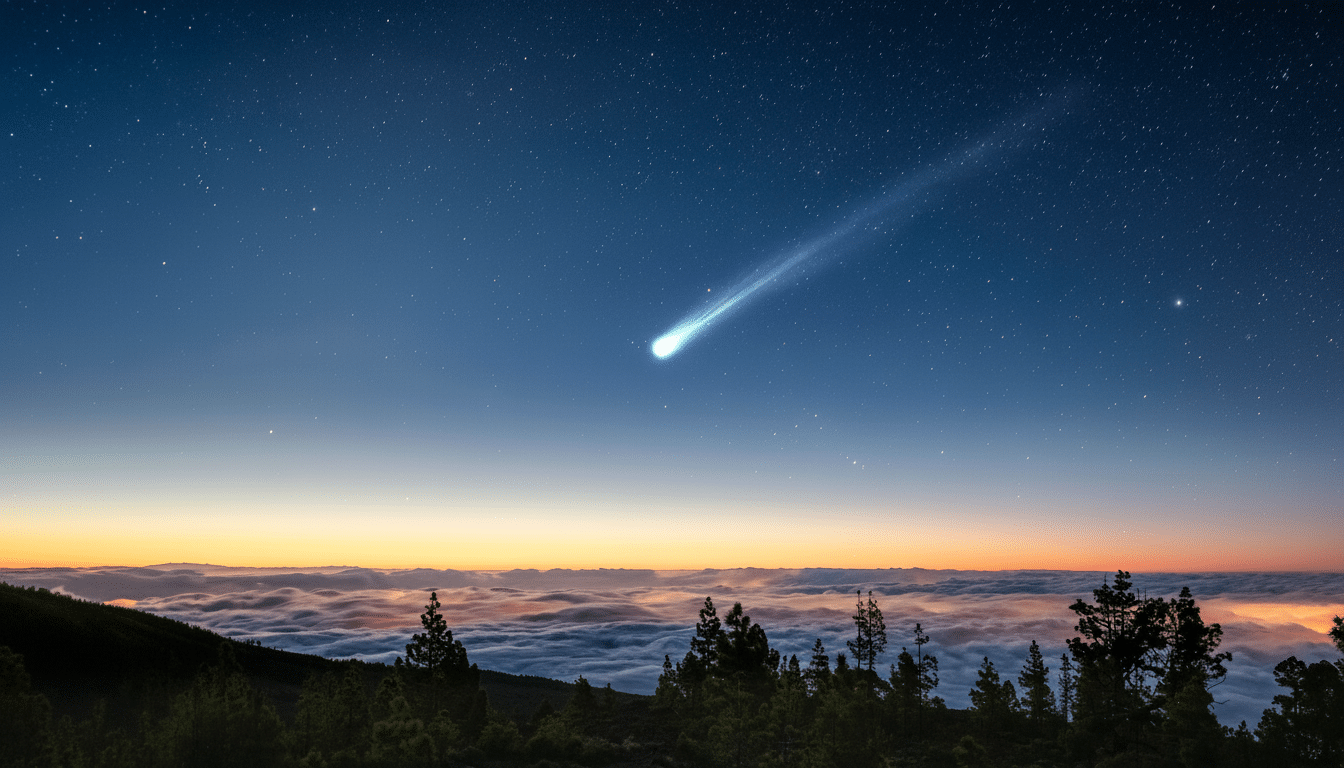 A bright comet streaks across a star -filled twilight sky, above a layer of clouds with a forested ridge in the foreground, resized to a 1 6:9 aspect ratio. Filename : cometnight sky1 69. png