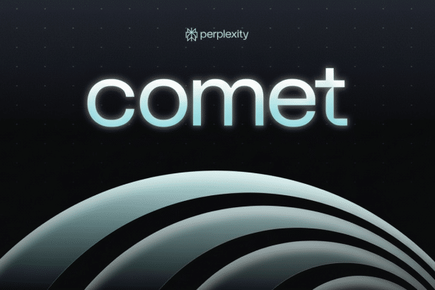 The word comet in white and light blue, with the perplexity logo above , set against a dark background with a curved light blue and grey graphic at the bottom, resized to a 1 6:9 aspect ratio. Filename : perplex itycomet 16 9. png