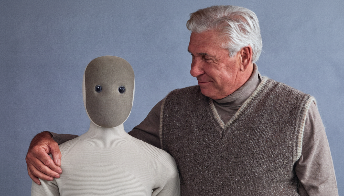 An elderly man with white hair and a brown sweater vest smiles at a humanoid robot with a grey face and black eyes, his arm around its shoulder.
