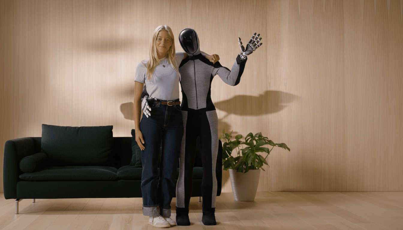 A woman and a robot standing side-by-side in a room with a wooden wall, a dark green couch, and a potted plant.