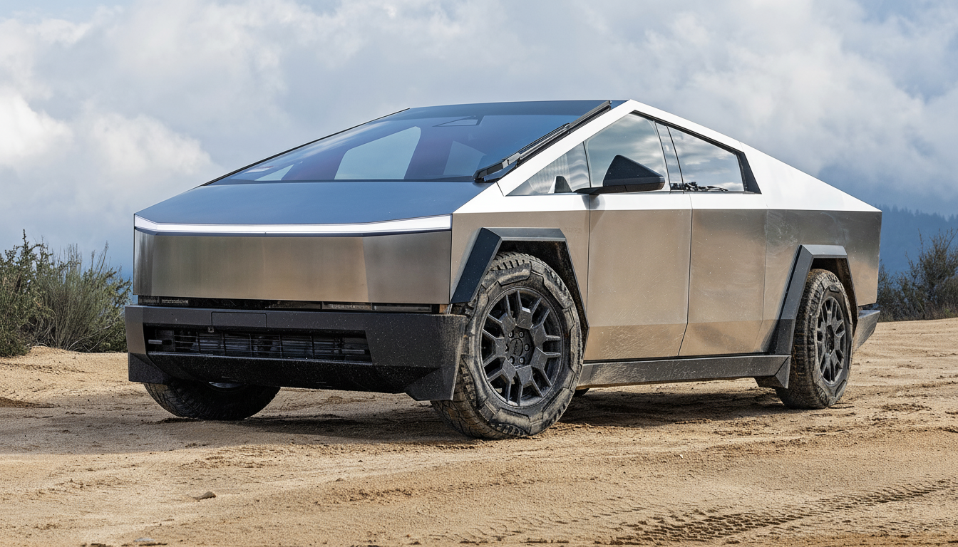 A Tesla Cybertruck parked on a sandy, dirt road with a cloudy sky in the background.