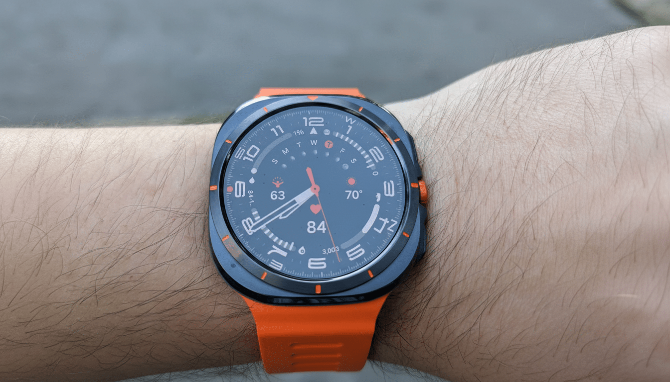 A close-up of a smartwatch with an orange band on a person s wrist, showing various health metrics and the time.