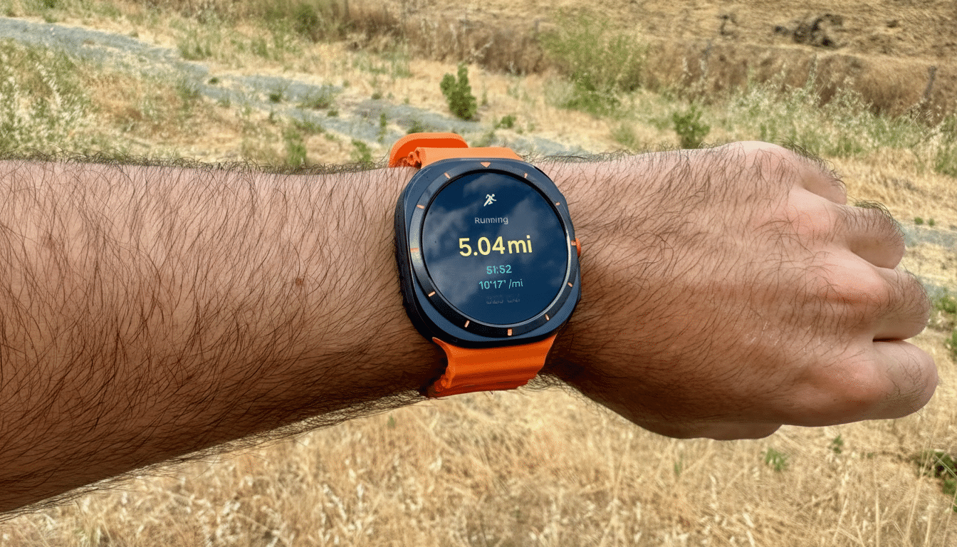 A man s arm wearing a black smartwatch with an orange band, displaying Running 5. 04mi on its screen, against a natural, dry grass background.