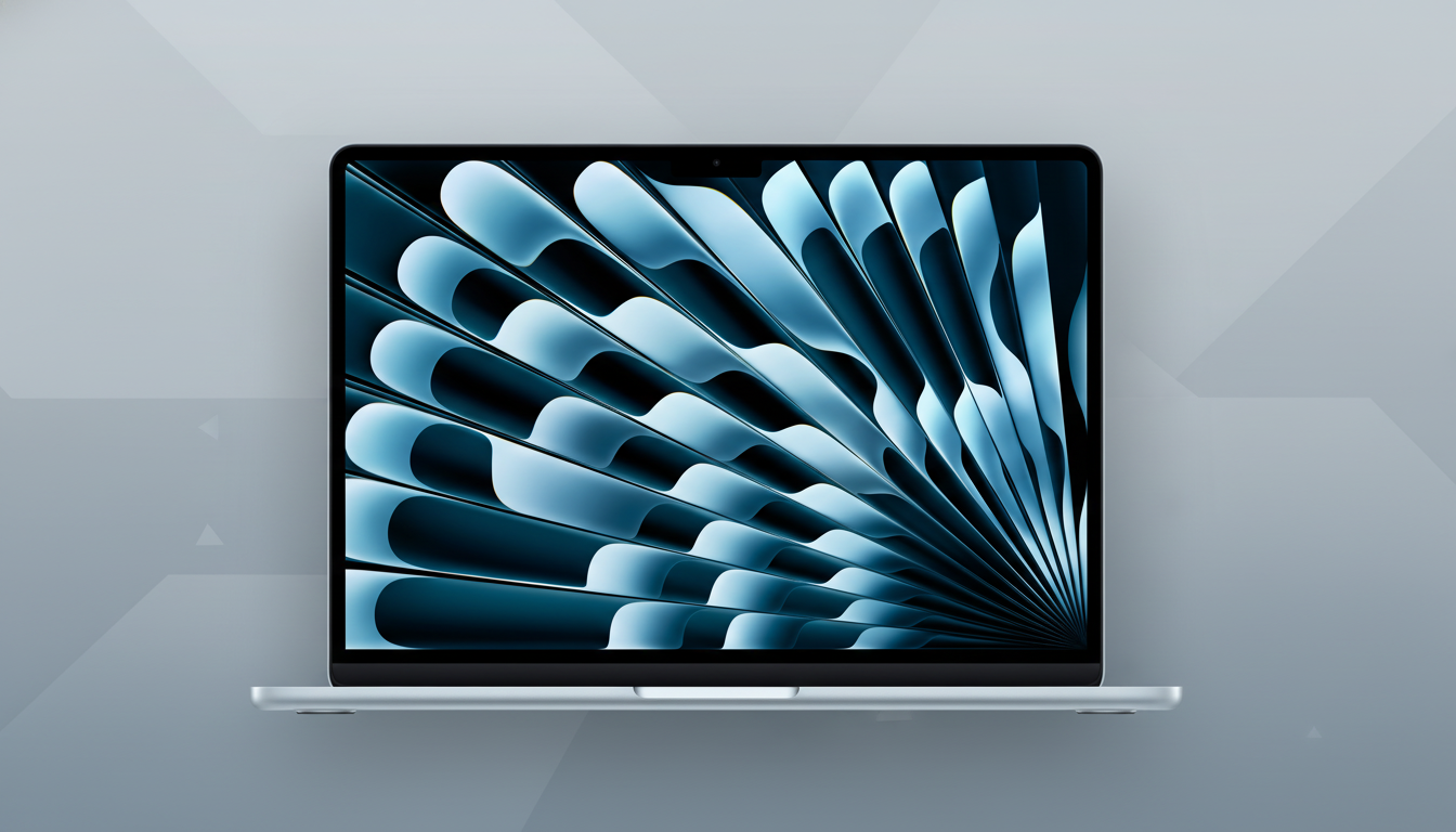 A silver laptop with a blue and black abstract wallpaper on the screen, set against a professional gray background with subtle geometric patterns.