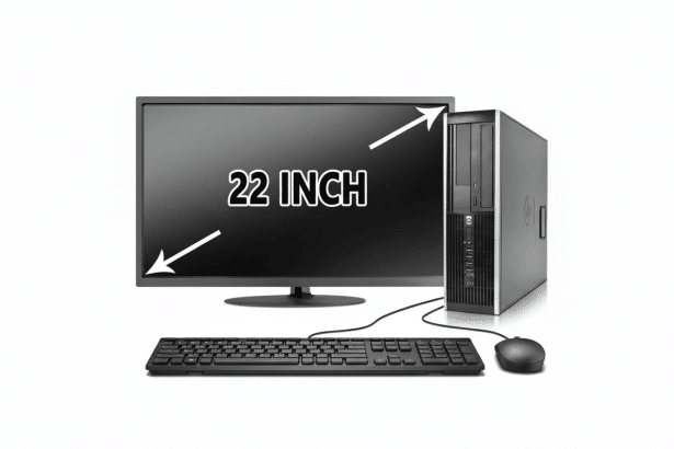 A 22-inch desktop computer setup , including a monitor , CPU tower , keyboard, and mouse, presented on a clean white background.
