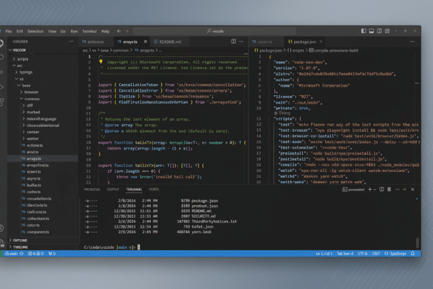 A screenshot of Visual Studio Code with a dark theme, displaying code in multiple editor groups, a file explorer, and a terminal, resized to a 16: 9 a