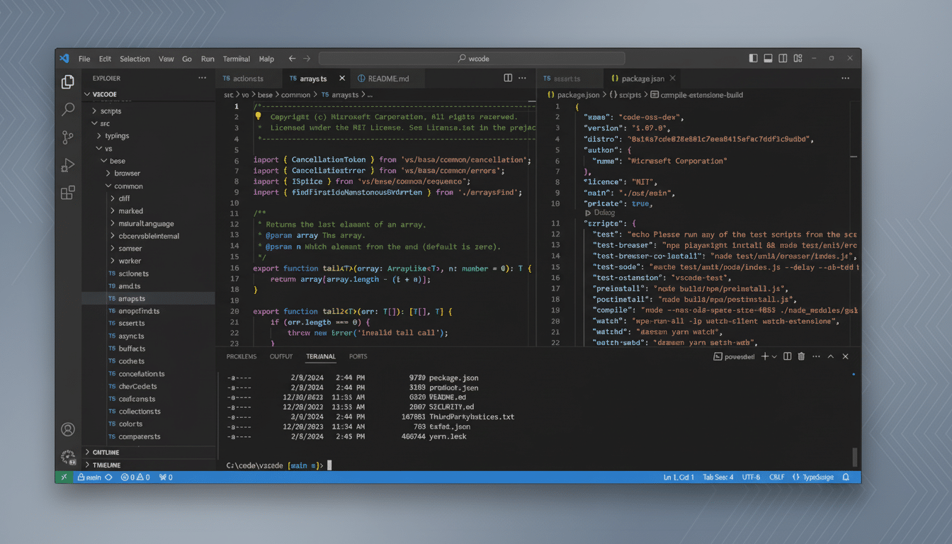A screenshot of Visual Studio Code with a dark theme, displaying code in multiple editor groups, a file explorer, and a terminal, resized to a 16: 9 a