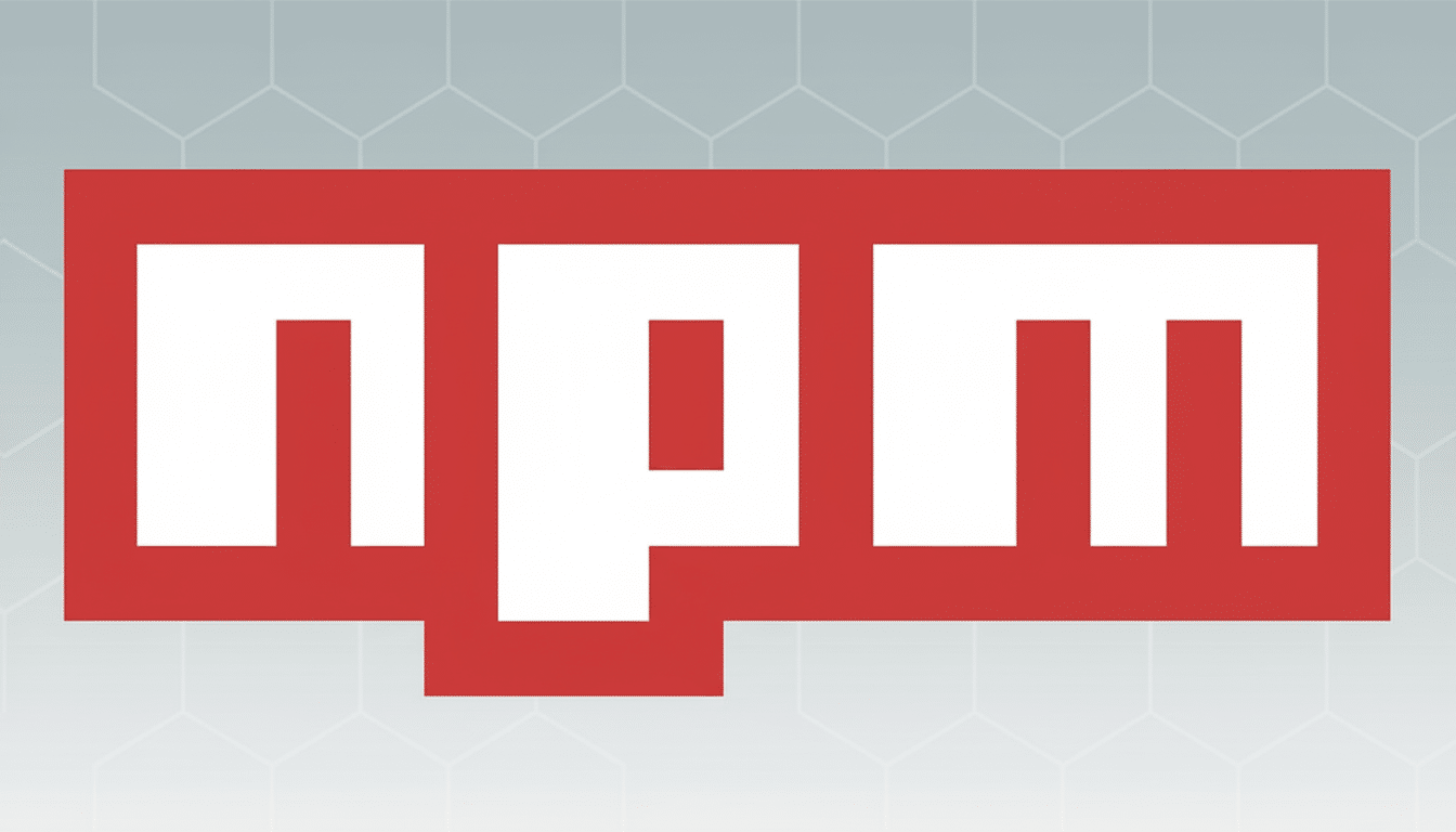 npm logo in white text on a red rectangular background, with a subtle gray hexagonal pattern in the background.