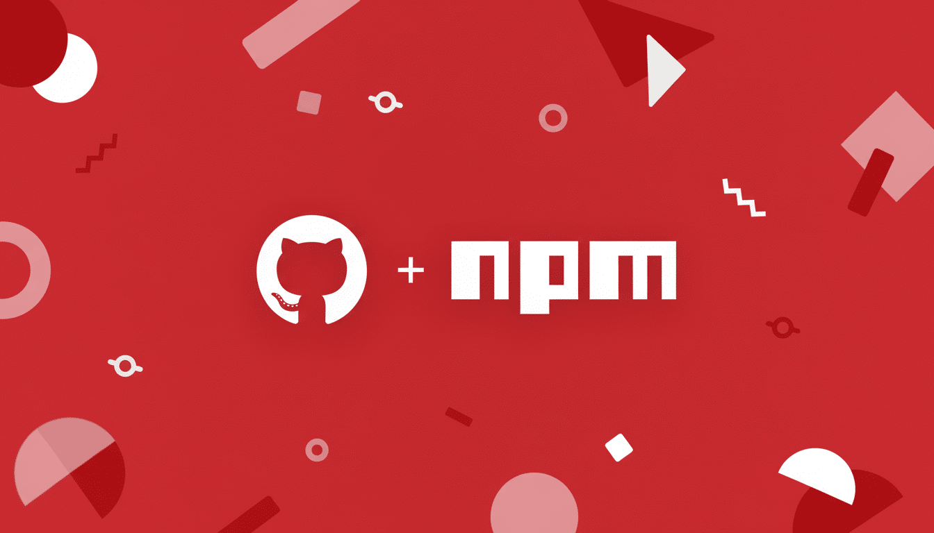 The GitHub Oct ocat logo and the npm logo displayed on a red background with various abstract shapes.