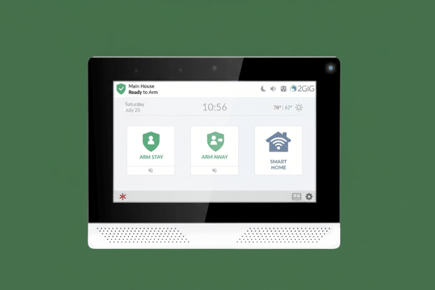 A 2G IG smart home security panel displaying the main house ready to arm, with options for ARM STAY, ARM AWAY, and SMART HOME . The time is 10: 56 on Saturday , July 2 0, with a temperature of 7 8°F and clear skies at 62° F. Filename : 2gig smarthome panel .png