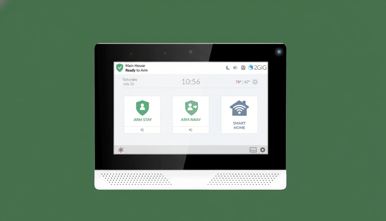 A 2G IG smart home security panel displaying the main house ready to arm, with options for ARM STAY, ARM AWAY, and SMART HOME . The time is 10: 56 on Saturday , July 2 0, with a temperature of 7 8°F and clear skies at 62° F. Filename : 2gig smarthome panel .png