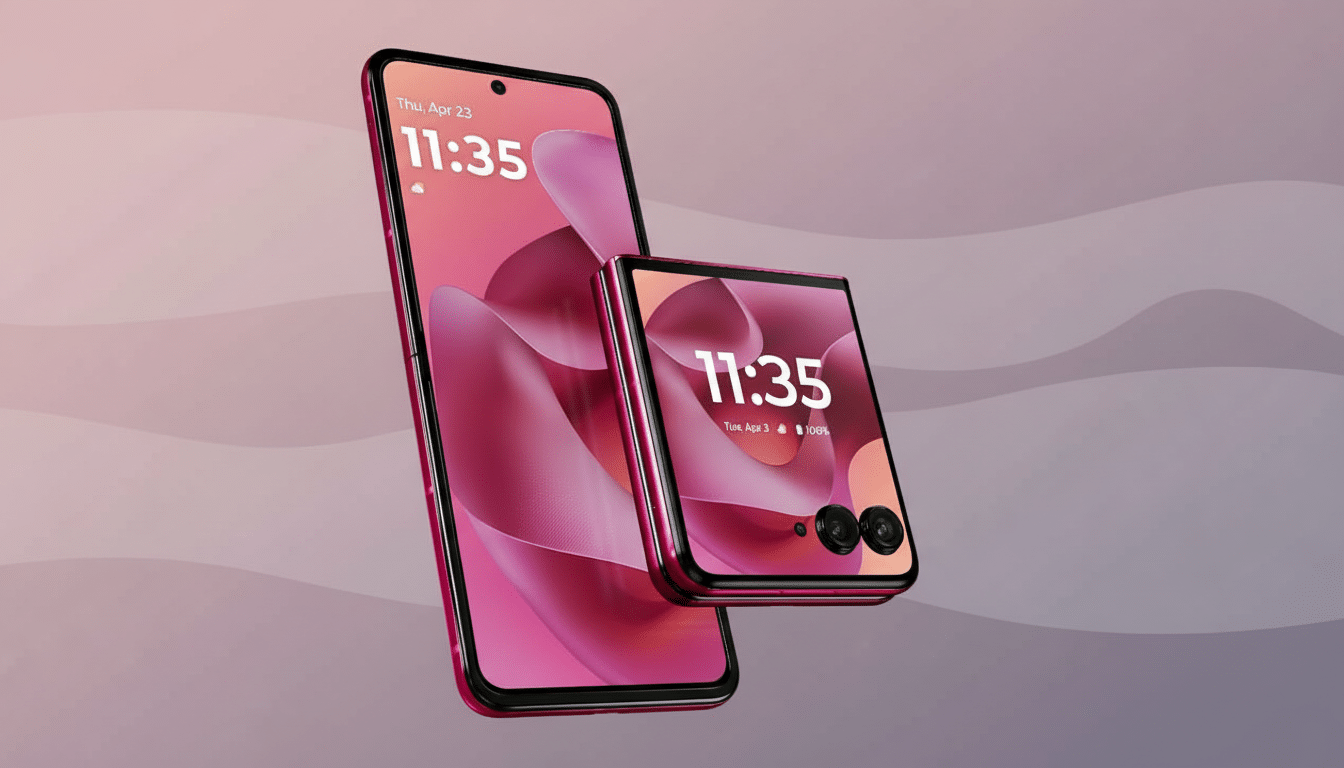 Two pink smartphones , one upright and one folded, presented against a soft gradient background. Filename : pinksmart phonesprofessional . png