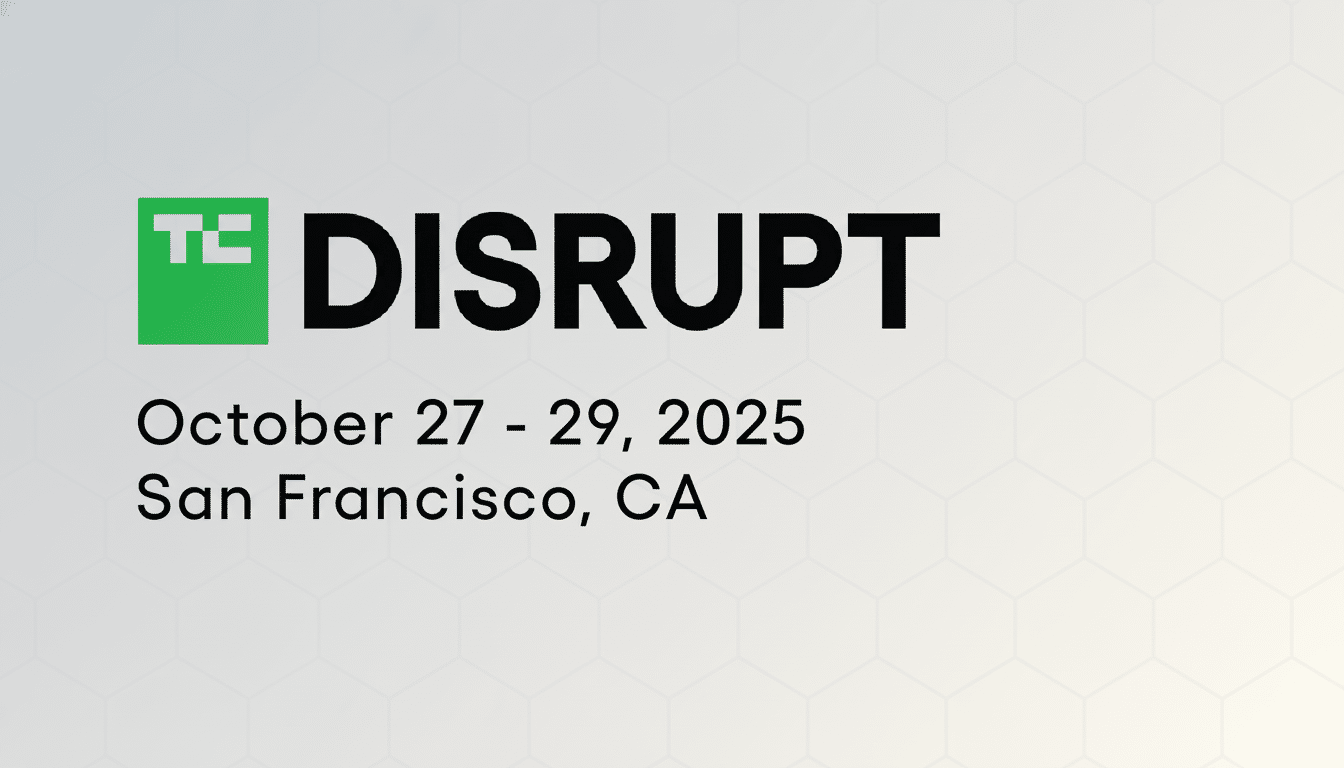 The TC Disrupt logo with event details on a light grey background with subtle hexagonal patterns . The logo is green and black, showing TC DISRUPT. Below it , in black text, are October 27 - 29 , 20 25 and San Francisco, CA. Filename : tcdis ruptevent details16 9. png