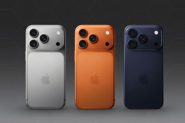Three smartphones in silver, orange, and blue with triple cameras and an Apple logo are presented on a dark gray background with a subtle hexagonal pa