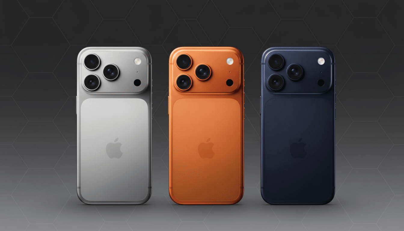 Three smartphones in silver, orange, and blue with triple cameras and an Apple logo are presented on a dark gray background with a subtle hexagonal pa