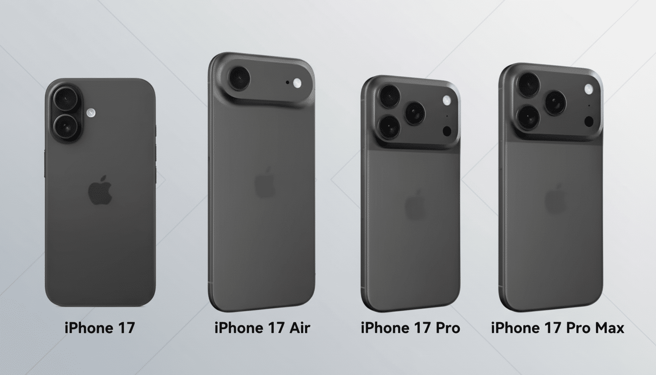 Four dark gray mock-up iPhone models ( iPhone 17, iPhone 1 7 Air, iPhone 17 Pro, iPhone 1 7 Pro Max) are displayed side-by- side with their backs faci