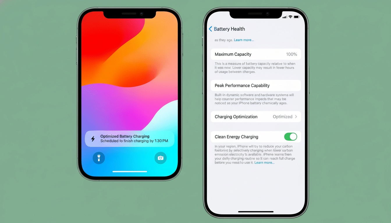 Two iPhones side-by- side on a green background. The left iPhone displays a lock screen with a colorful abstract wallpaper and a notification for Optimized Battery Charging. The right iPhone shows the Battery Health settings screen, displaying Maximum Capacity at 100 %, Peak Performance Capability , Charging Optimization set to Optimized , and Clean Energy Charging enabled. Filename : iphonebattery healthand charging. png