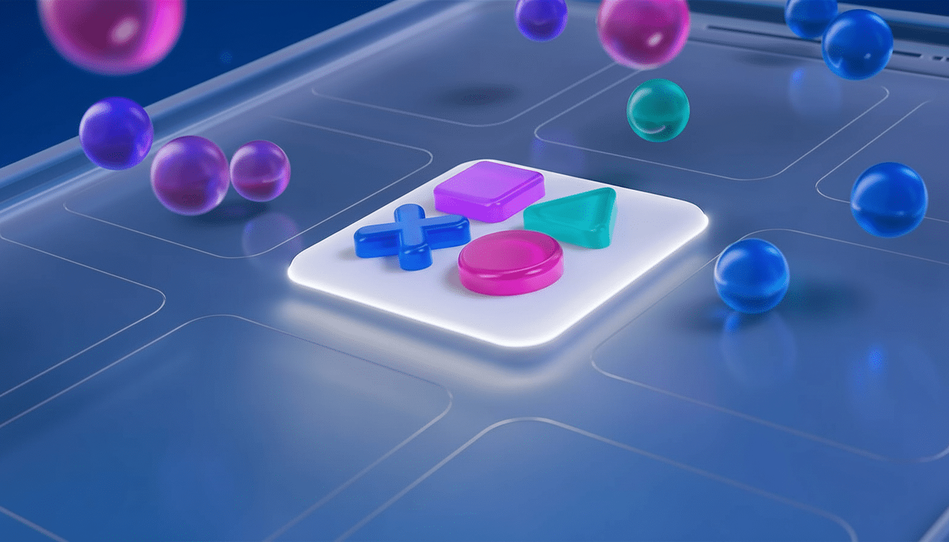 A professional, enhanced image of 3D gaming controller buttons (a blue plus, a pink oval, a purple square, and a teal triangle) glowing on a white pla
