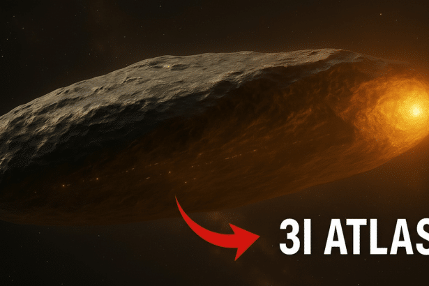 An asteroid, glowing with a bright orange light at one end, floats in the darkness of space. A red arrow points towards the asteroid from the bottom c