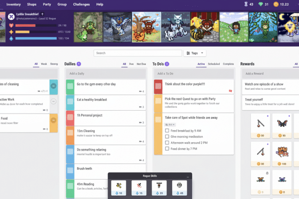 A screenshot of a Habitica - like productivity app, displaying various sections such as Habits , Dailies , To Do 's, and Rewards. The interface is primarily purple and white, featuring pixel art avatars and items .