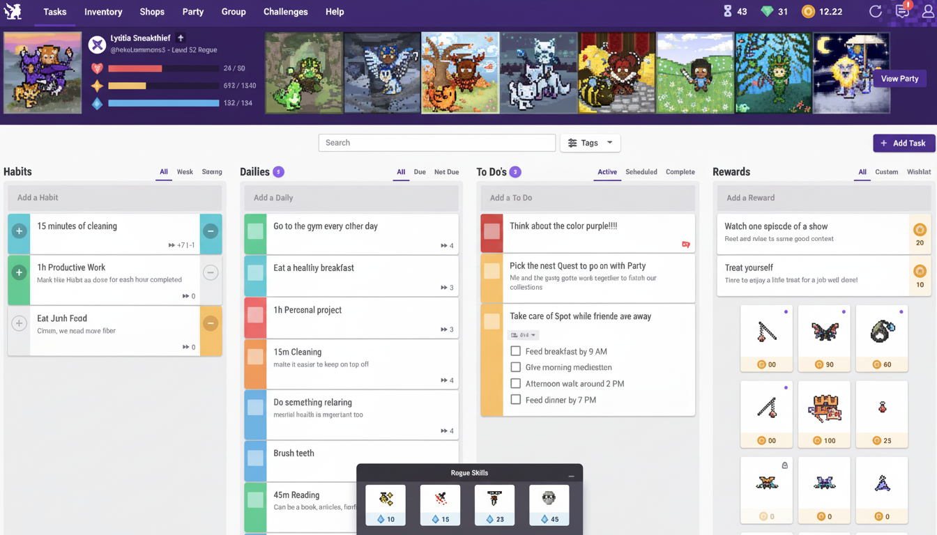 A screenshot of a Habitica - like productivity app, displaying various sections such as Habits , Dailies , To Do 's, and Rewards. The interface is primarily purple and white, featuring pixel art avatars and items .