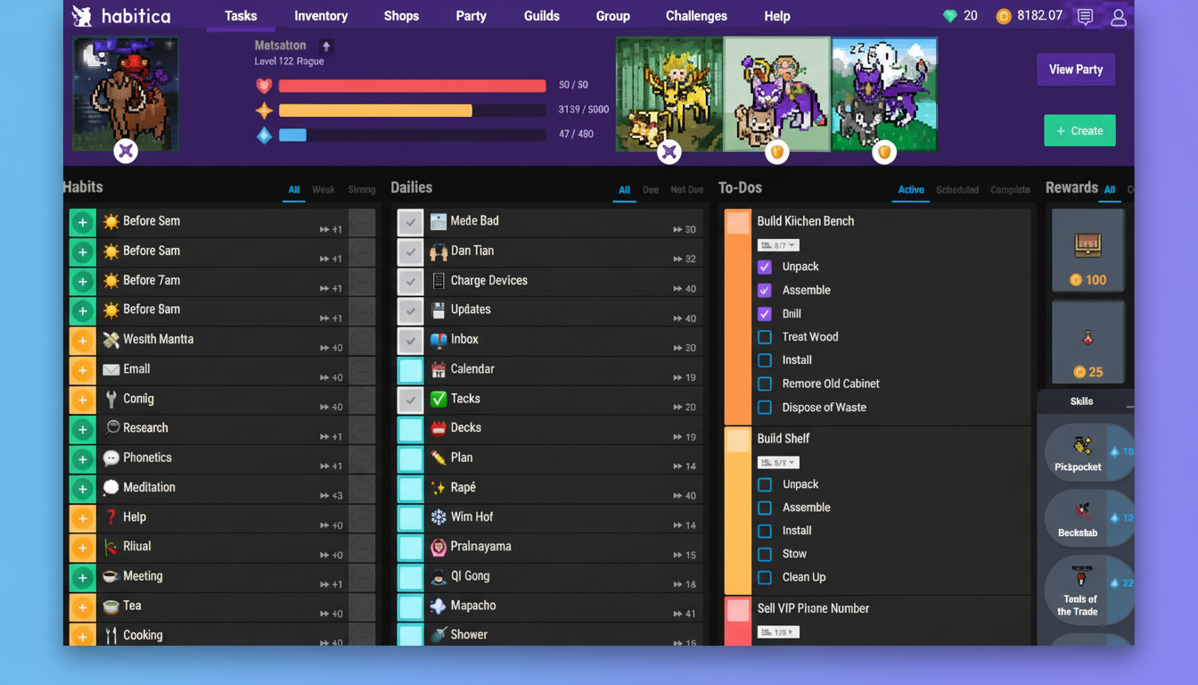 A professional , enhanced screenshot of the Habitica application with a 1 6:9 aspect ratio, showcasing daily tasks, habits, and to -do lists within a gaming interface. Filename : habitica appscreenshot. png