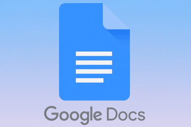 Text : Google Docs logo with a light blue and purple gradient background featuring subtle geometric