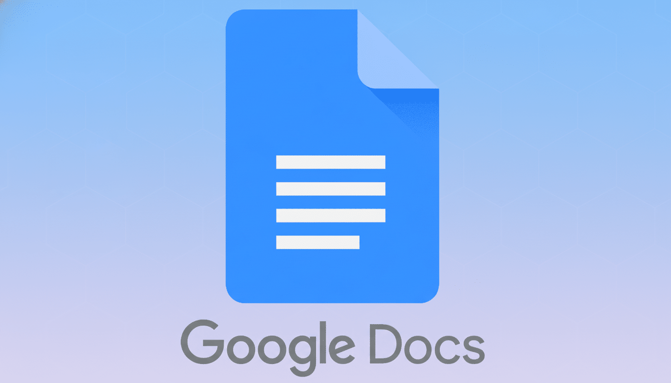 Text : Google Docs logo with a light blue and purple gradient background featuring subtle geometric