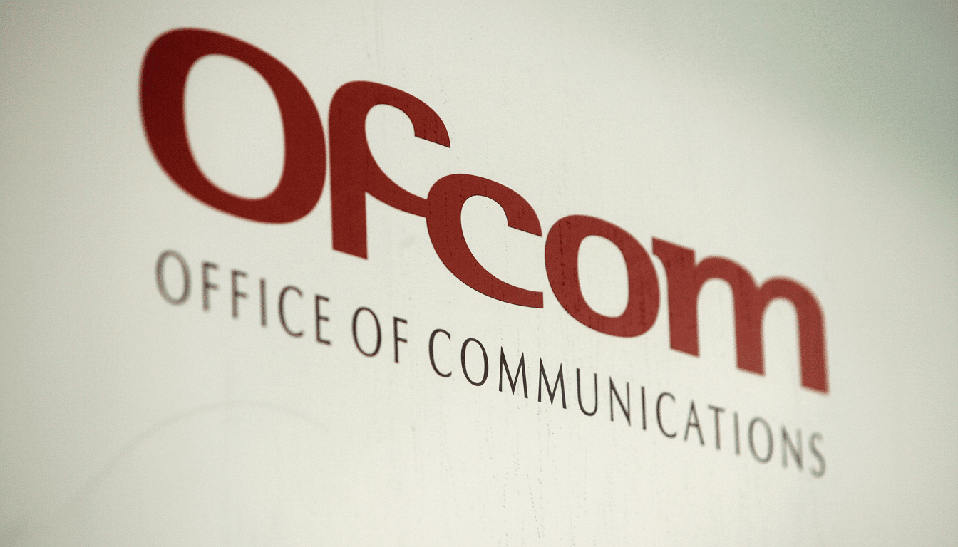 A close -up, slightly angled view of the red  Ofcom logo with  OFFICE OF COMMUNICATIONS  in smaller black text below it , set against a plain white background. Filename : ofcom logo. png