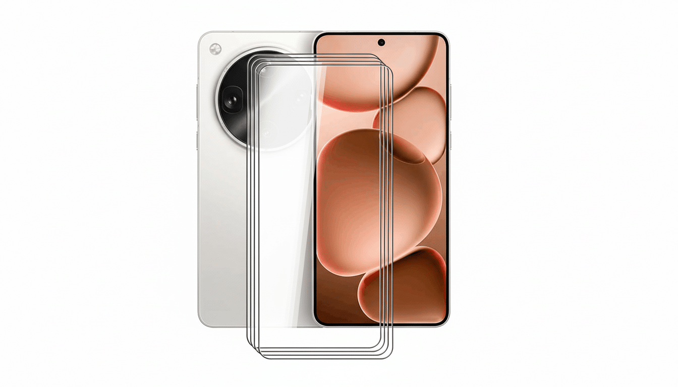 A white smartphone with a prominent circular camera module on the back, shown alongside the front of the same model displaying an abstract brown and beige wallpaper . In front of the phone , three rectangular screen protectors are layered .