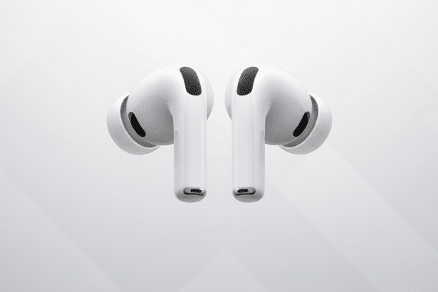 A pair of white AirPods Pro earbuds displayed against a light gray background with subtle geometric patterns.