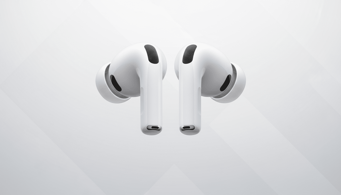 A pair of white AirPods Pro earbuds displayed against a light gray background with subtle geometric patterns.