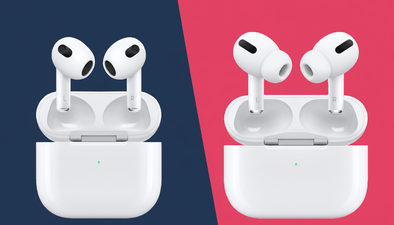 A split image showing two different models of white Apple AirPods in their open charging cases. The left side features AirPods 3rd generation against