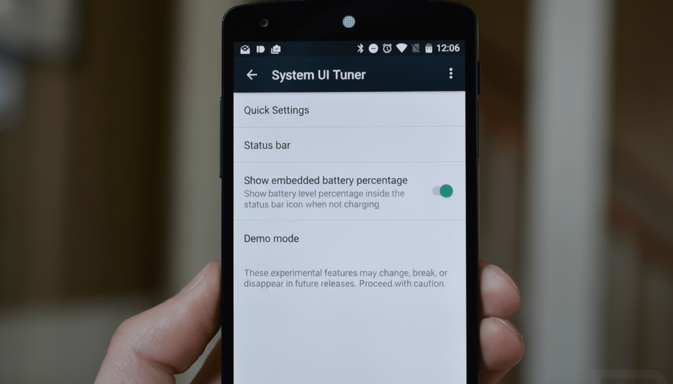 Android System UI Tuner status bar controls with Wi-Fi, battery, clock toggles