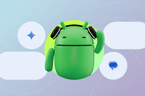 A 3D illustration of the green Android robot wearing black headphones, centered against a gradient background with soft, abstract shapes . There are four speech bubble- like elements , two on each side of the robot , along with a small blue chat icon and a purple star icon.