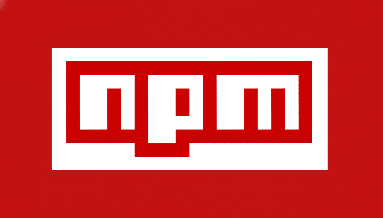 The npm logo, a stylized npm in red pixelated font within a white rectangle , set against a solid red background.