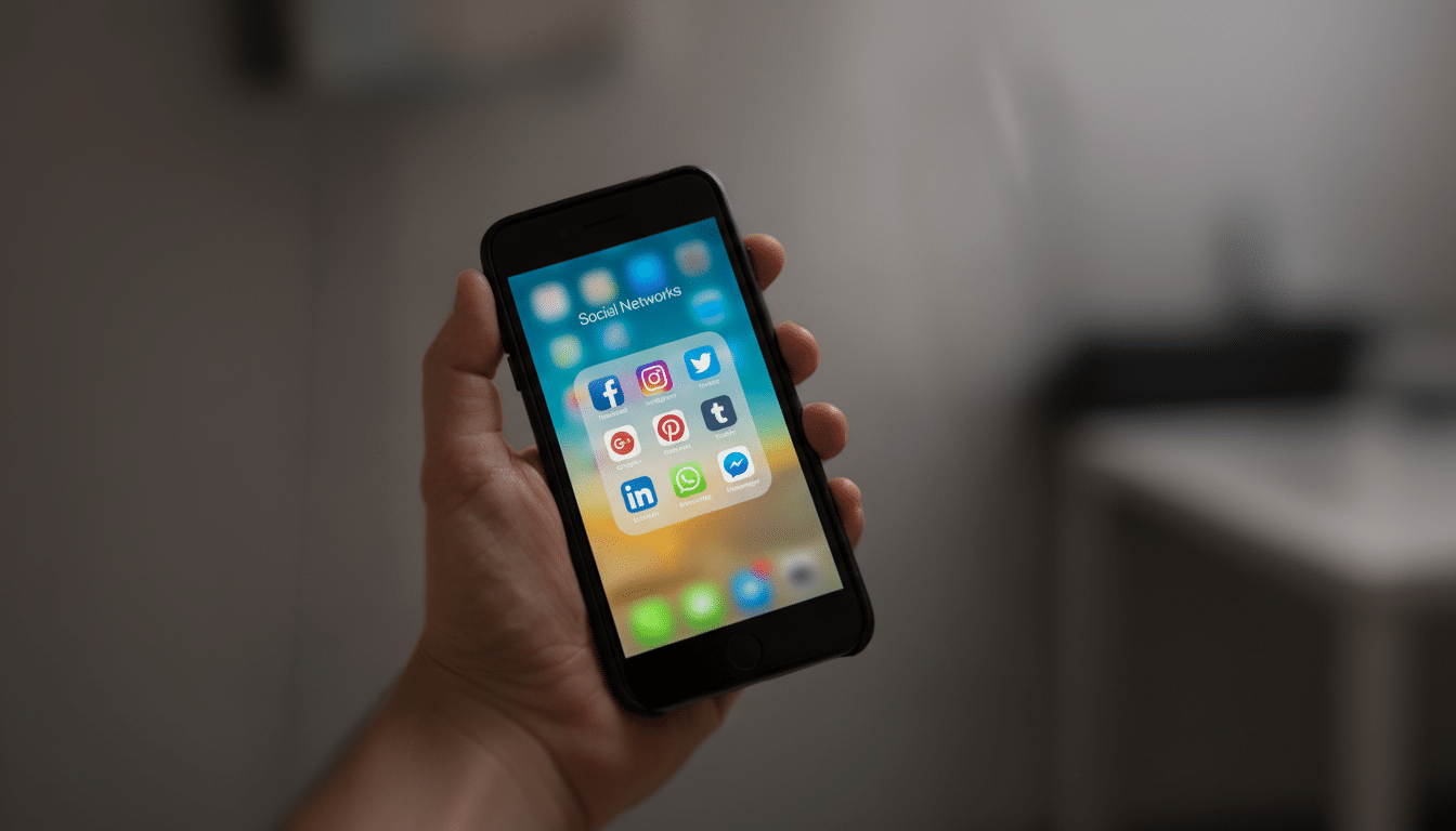 A hand holding a smartphone displaying a folder of social network applications like Facebook, Instagram, Twitter, and more, resized to a 1 6: 9 aspect