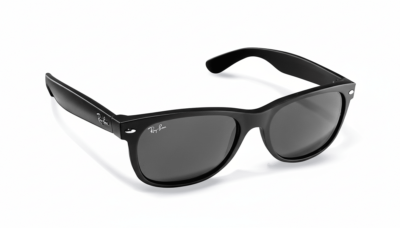 A pair of black Ray- Ban Wayfarer sunglasses with dark lenses, positioned on a white background with a subtle shadow.