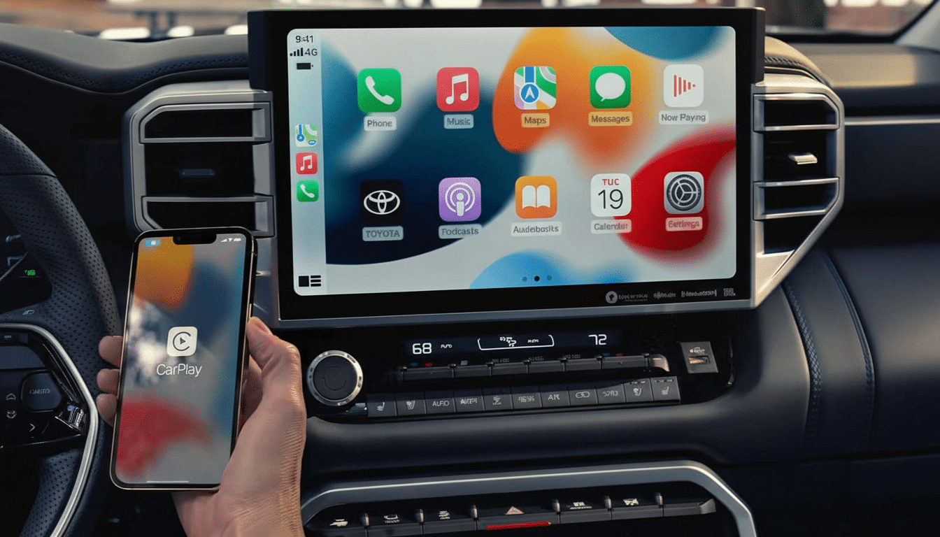 A hand holding an iPhone displaying CarPlay next to a car 's infotainment screen showing Apple CarPlay apps , resized to a 1 6:9 aspect ratio.