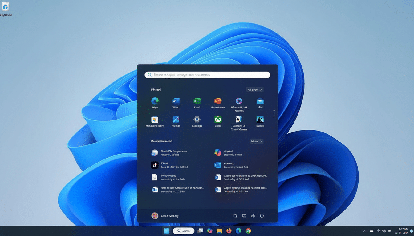 A professional, enhanced image of the Windows 11 desktop with the Start menu open, displaying pinned apps and recommended items.
