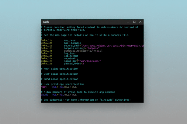 A professional screenshot of a Bash terminal window displaying the sudoers file with various default settings and privilege specifications. The termin